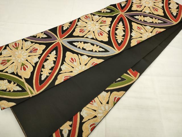 平和屋着物◎六通柄　本袋帯　唐織　七宝花文　黒地　金糸　正絹　逸品　AABK2573pf