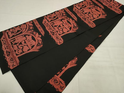 平和屋着物◎六通柄　本袋帯　人物風景文　黒地　正絹　逸品　AABK2576pf