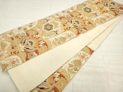 平和屋着物◎六通柄袋帯　唐織　更紗花文　金糸　正絹　逸品　AABK2578pf