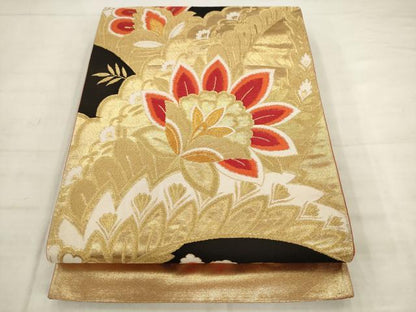 平和屋着物◎六通柄袋帯　唐織　更紗花文　黒地　金糸　正絹　逸品　AABK2583pf