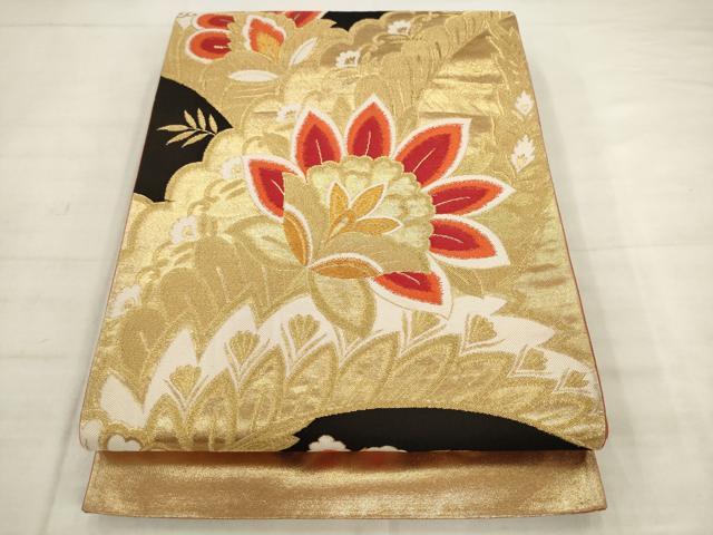 平和屋着物◎六通柄袋帯　唐織　更紗花文　黒地　金糸　正絹　逸品　AABK2583pf
