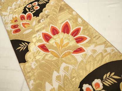 平和屋着物◎六通柄袋帯　唐織　更紗花文　黒地　金糸　正絹　逸品　AABK2583pf