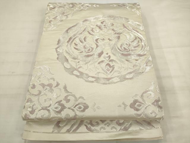 平和屋着物◎六通柄袋帯　双鳥花丸文　銀糸　正絹　逸品　AABK2584pf