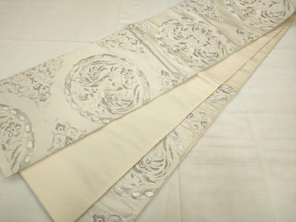 平和屋着物◎六通柄袋帯　双鳥花丸文　銀糸　正絹　逸品　AABK2584pf