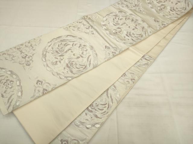 平和屋着物◎六通柄袋帯　双鳥花丸文　銀糸　正絹　逸品　AABK2584pf