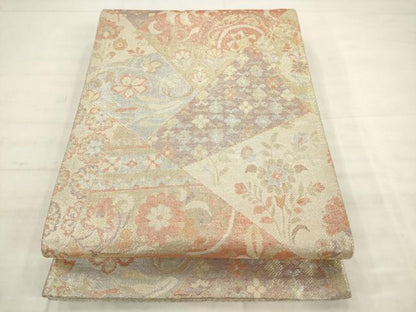 平和屋着物◎佐賀錦　六通柄袋帯　裂取り花文　金銀糸　正絹　逸品　AABK2585pf