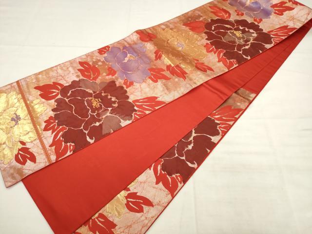 平和屋着物◎西陣　服部織物謹製　六通柄袋帯　こはく錦　牡丹文　二重箔織　正絹　逸品　AABK2590pf