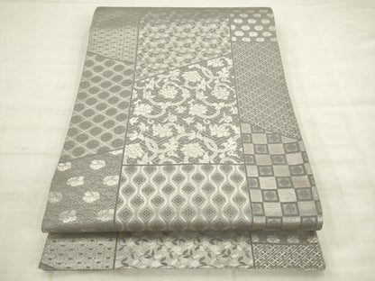 平和屋着物◎全通柄袋帯　裂取り花鳥文　銀糸　正絹　逸品　AABK2599pf