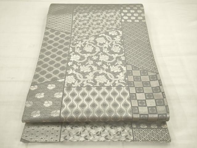 平和屋着物◎全通柄袋帯　裂取り花鳥文　銀糸　正絹　逸品　AABK2599pf