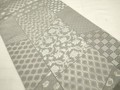 平和屋着物◎全通柄袋帯　裂取り花鳥文　銀糸　正絹　逸品　AABK2599pf