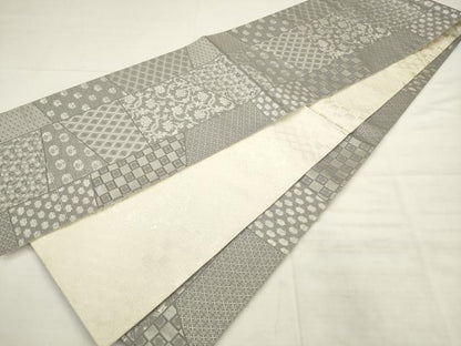 平和屋着物◎全通柄袋帯　裂取り花鳥文　銀糸　正絹　逸品　AABK2599pf