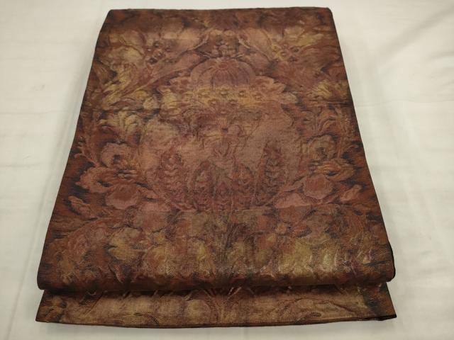 平和屋着物◎六通柄袋帯　ふくれ織　草花文　金糸　正絹　逸品　AABK2600pf