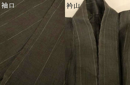 平和屋着物＊夏物　男性　小千谷ちぢみ　縞　麻　逸品　AABK2604jd