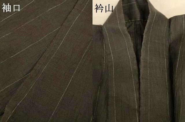 平和屋着物＊夏物　男性　小千谷ちぢみ　縞　麻　逸品　AABK2604jd