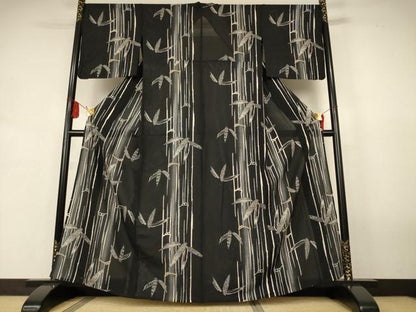 平和屋着物＊夏物　小紋　絽　笹竹文　暈し染め　黒地　正絹　逸品　AABK2625jd