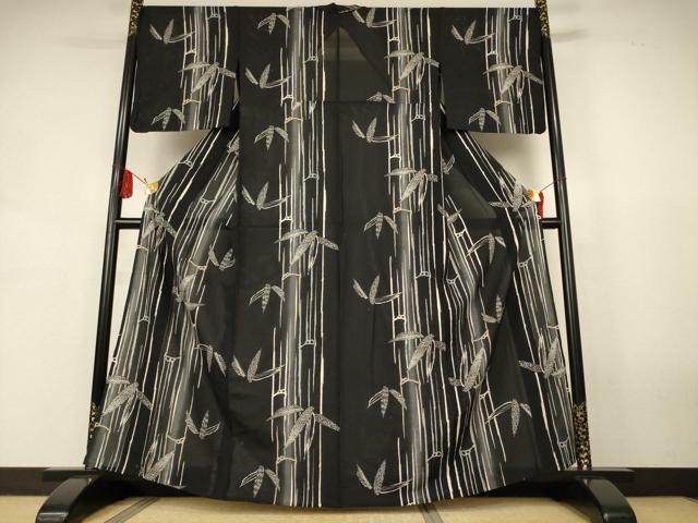 平和屋着物＊夏物　小紋　絽　笹竹文　暈し染め　黒地　正絹　逸品　AABK2625jd