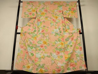 平和屋着物＊夏物　小紋　絽　手描き　草花文　暈し染め　正絹　逸品　AABK2643jd