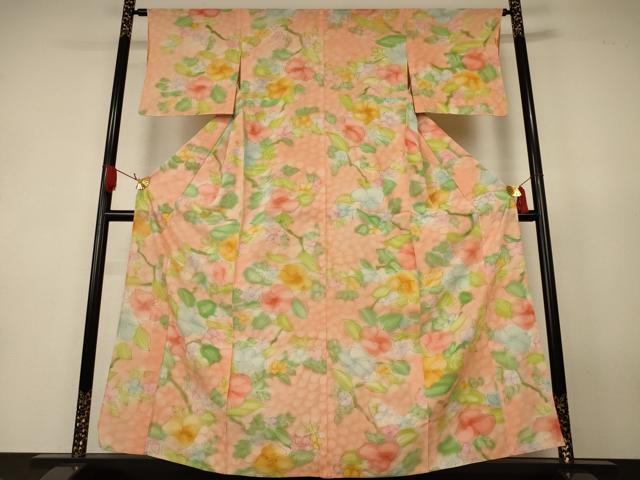 平和屋着物＊夏物　小紋　絽　手描き　草花文　暈し染め　正絹　逸品　AABK2643jd