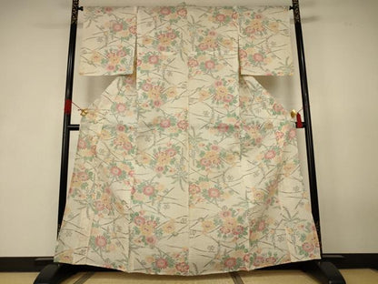 平和屋着物＊夏物　小千谷ちぢみ　草花文　麻　逸品　AABK2654jd