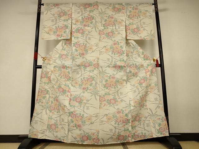 平和屋着物＊夏物　小千谷ちぢみ　草花文　麻　逸品　AABK2654jd