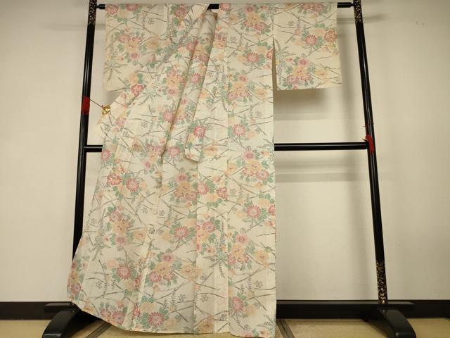平和屋着物＊夏物　小千谷ちぢみ　草花文　麻　逸品　AABK2654jd