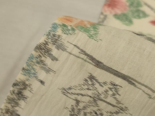 平和屋着物＊夏物　小千谷ちぢみ　草花文　麻　逸品　AABK2654jd