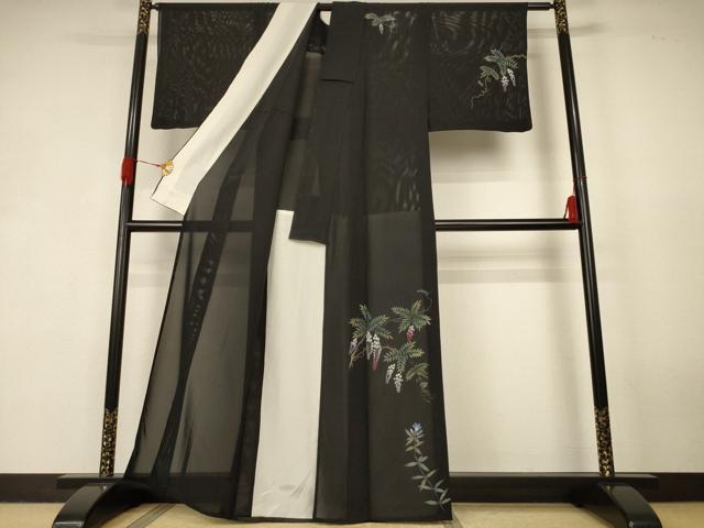 平和屋着物＊夏物　訪問着　絽　枝垂れ花文　黒地　正絹　逸品　AABK2661jd