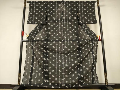 平和屋着物＊夏物　小紋　絽　琉球絣文　黒地　洗える着物　AABK2669jd