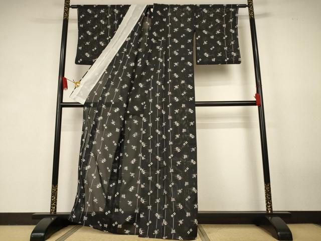 平和屋着物＊夏物　小紋　絽　琉球絣文　黒地　洗える着物　AABK2669jd