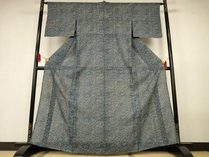 平和屋着物＊夏物　紗紬　藍　型染め　雀　正絹　逸品　AABK2674jd