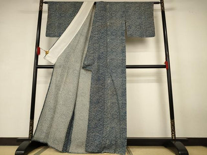 平和屋着物＊夏物　紗紬　藍　型染め　雀　正絹　逸品　AABK2674jd