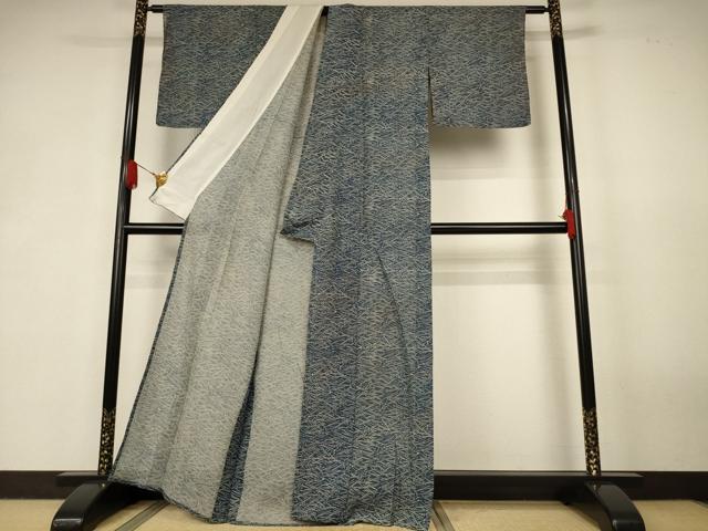 平和屋着物＊夏物　紗紬　藍　型染め　雀　正絹　逸品　AABK2674jd