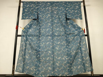 平和屋着物＊夏物　小紋　紗紬　藍　型染め　飛鳥文　正絹　逸品　AABK2681jd