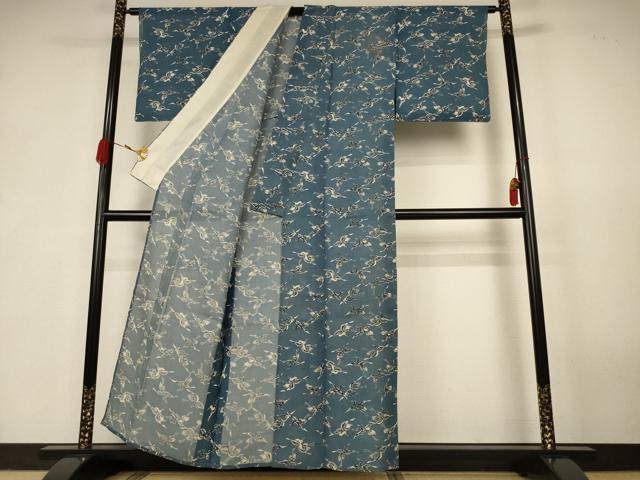 平和屋着物＊夏物　小紋　紗紬　藍　型染め　飛鳥文　正絹　逸品　AABK2681jd