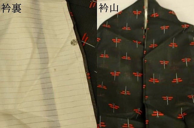 平和屋着物＊夏物　小紋　絽　勝虫　黒地　洗える着物　AABK2682jd