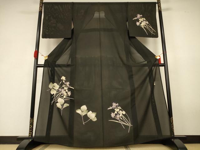 平和屋着物＊夏物　訪問着　絽　草花文　黒地　正絹　逸品　AABK2683jd