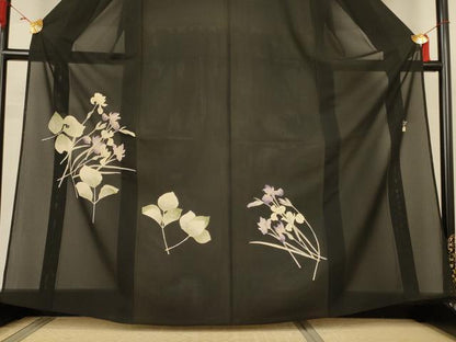 平和屋着物＊夏物　訪問着　絽　草花文　黒地　正絹　逸品　AABK2683jd