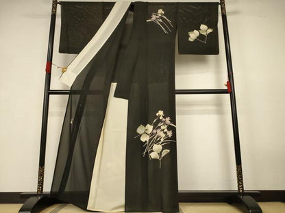 平和屋着物＊夏物　訪問着　絽　草花文　黒地　正絹　逸品　AABK2683jd