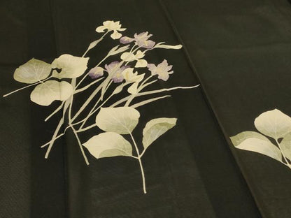 平和屋着物＊夏物　訪問着　絽　草花文　黒地　正絹　逸品　AABK2683jd