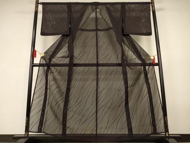 平和屋着物＊夏物　色無地　よろけ斜縞紋紗　黒紅色　正絹　逸品　AABK2690jd