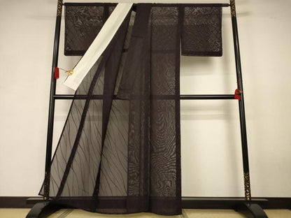 平和屋着物＊夏物　色無地　よろけ斜縞紋紗　黒紅色　正絹　逸品　AABK2690jd