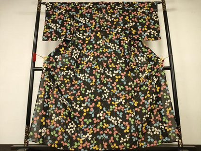 平和屋着物＊夏物　小紋　絽　萩　黒地　正絹　逸品　AABK2702jd