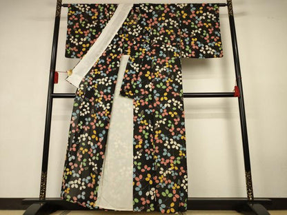 平和屋着物＊夏物　小紋　絽　萩　黒地　正絹　逸品　AABK2702jd