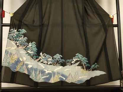 平和屋着物＊夏物　黒留袖　絽　風景文　鶴　銀彩　正絹　逸品　AABK2716jd