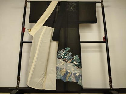 平和屋着物＊夏物　黒留袖　絽　風景文　鶴　銀彩　正絹　逸品　AABK2716jd