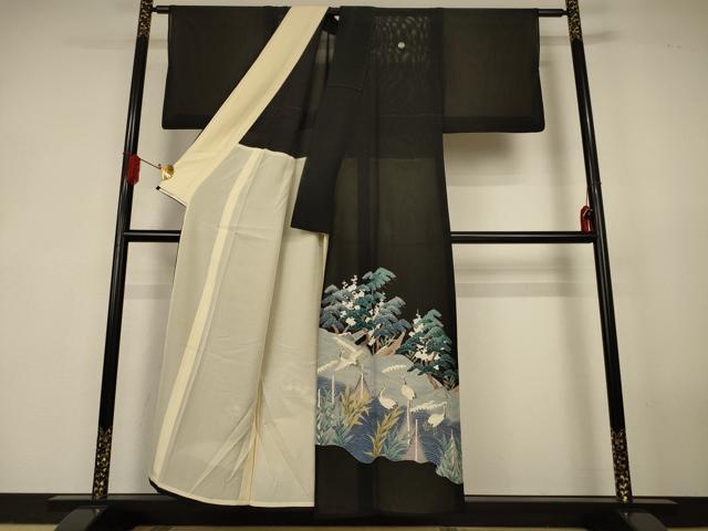 平和屋着物＊夏物　黒留袖　絽　風景文　鶴　銀彩　正絹　逸品　AABK2716jd