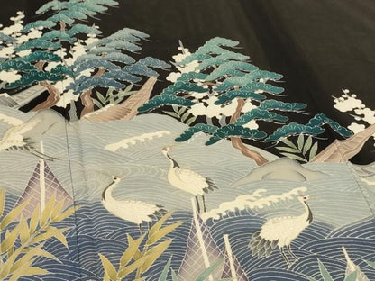 平和屋着物＊夏物　黒留袖　絽　風景文　鶴　銀彩　正絹　逸品　AABK2716jd