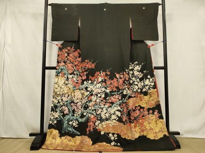 平和屋本店●お引きずり・お引き摺り・黒留袖　和装　結婚式　舞妓　芸妓　芸者　衣装　枝梅文　金銀彩　逸品　AABK2741ou