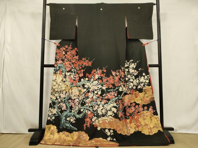 平和屋本店●お引きずり・お引き摺り・黒留袖　和装　結婚式　舞妓　芸妓　芸者　衣装　枝梅文　金銀彩　逸品　AABK2741ou