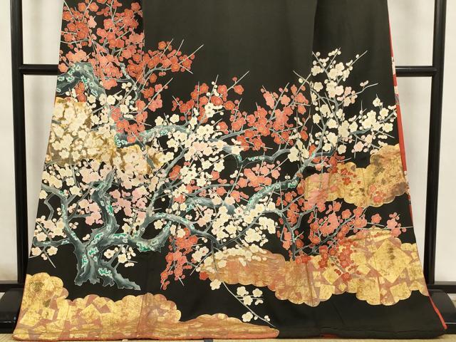 平和屋本店●お引きずり・お引き摺り・黒留袖　和装　結婚式　舞妓　芸妓　芸者　衣装　枝梅文　金銀彩　逸品　AABK2741ou